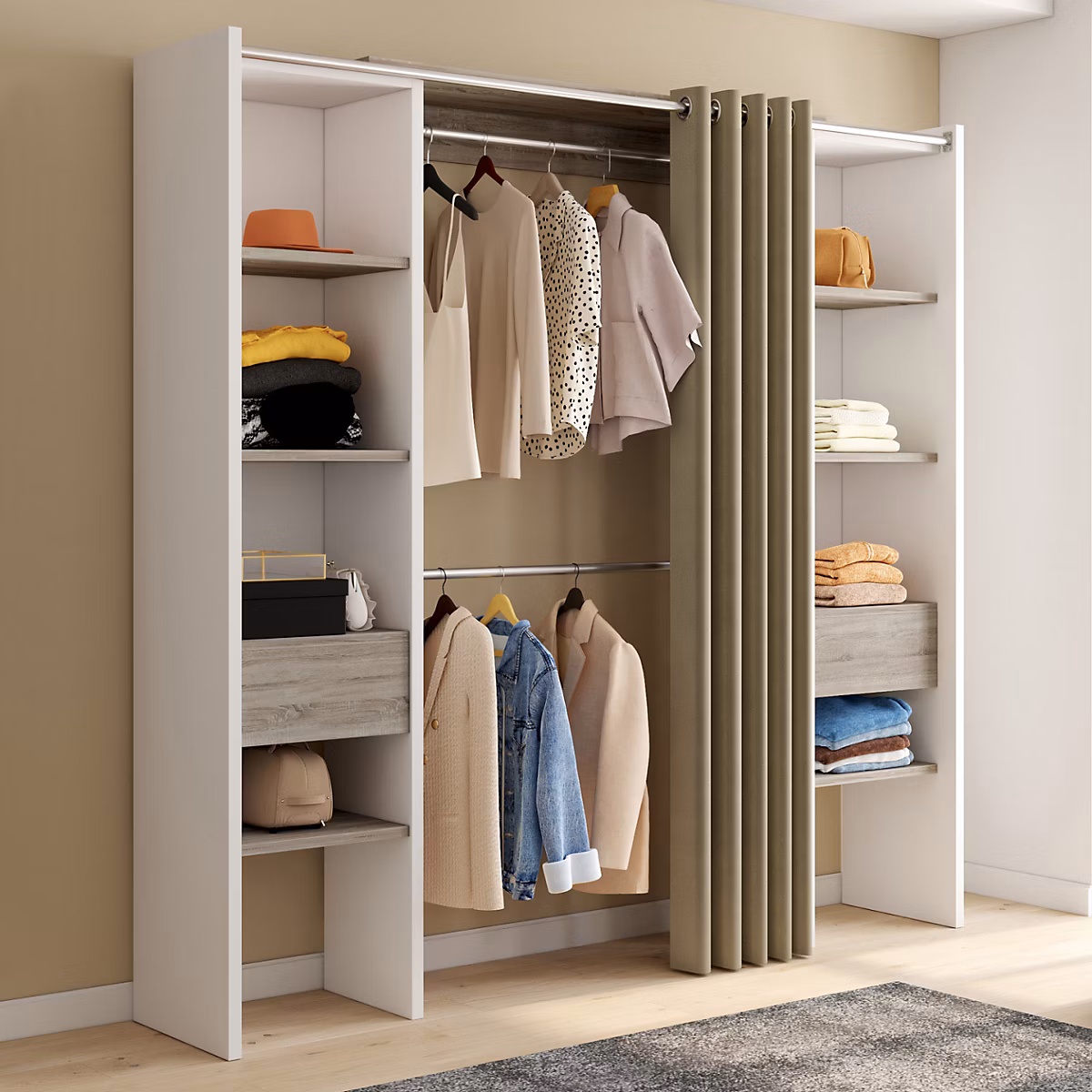Dressing extensible double MERYL 120/180 × 50 × 180 cm blanc avec étagères hêtre + double penderie + rideau taupe
