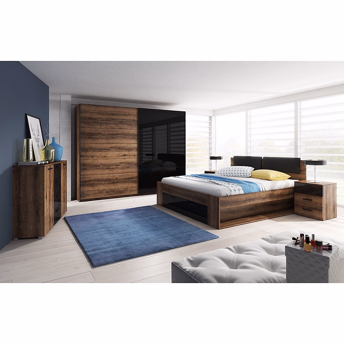 Chambre à coucher FLOYD : Armoire 220cm – Lit 160x200, commode, chevets. Couleur chene foncé et noir brillant