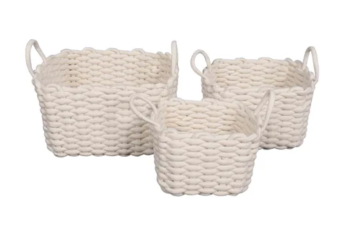 Panier carré tricoté avec poignées coloris blanc en polyester - 23 x 23 x 17 cm