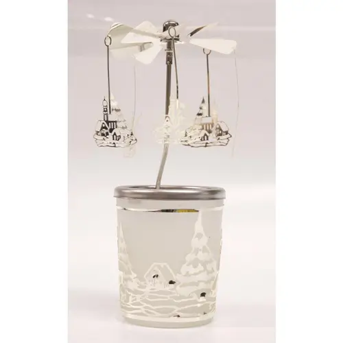 Carrousel photophore en métal argenté avec villages d’hiver - H 12 cm