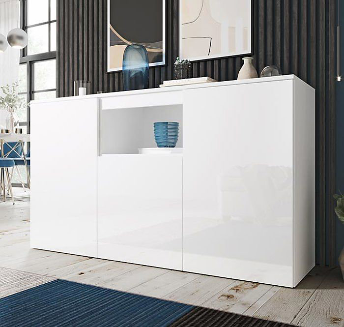 Buffet bas contemporain – Blanc brillant, Mélamine, 3 portes, 140 × 40 × 82 cm