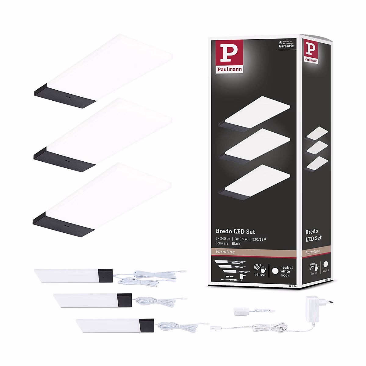 Éclairage sous – meubles LED Bredo Détecteur de proximité Kit de 3 3x2, 5W 80 × 190 mm 3x180lm 230/12V Noir
