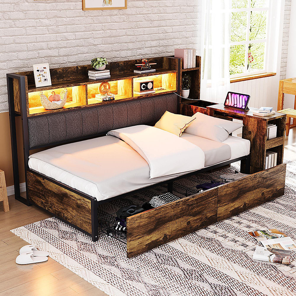 Canapé – lit fer 90 × 200 cm, rangement, LED, tiroirs, bureau coulissant, couleur bois