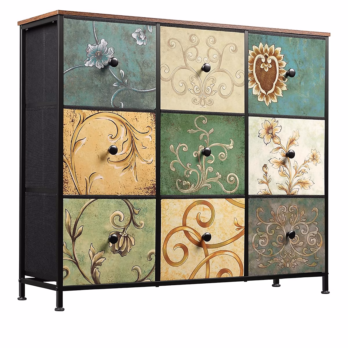 Commode en Tissu à 9 Tiroirs – Meuble de Grand Espace Tiroirs de Rangement avec Dessus en Bois pour Placard,Salon