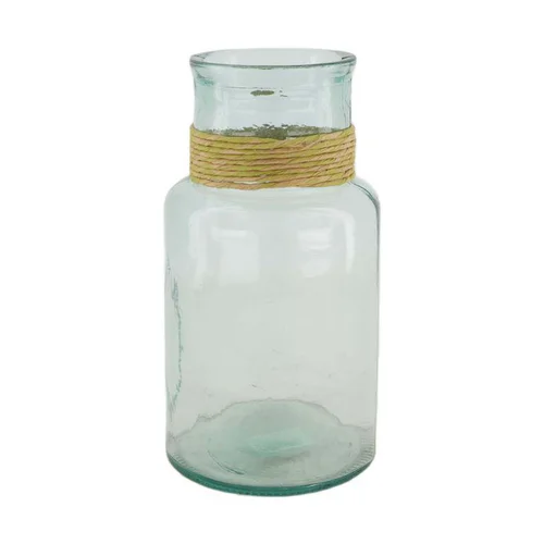 Vase en verre recyclé vert transparent et raphia - Ø 15 x 28 cm