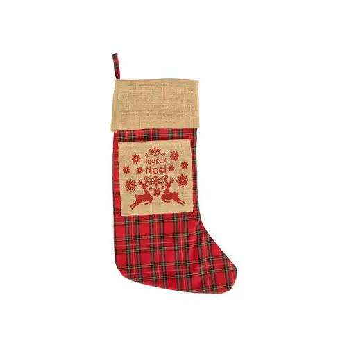 Chaussette de Noël à suspendre en jute décor rennes rouge et beige - 20 x 52 cm