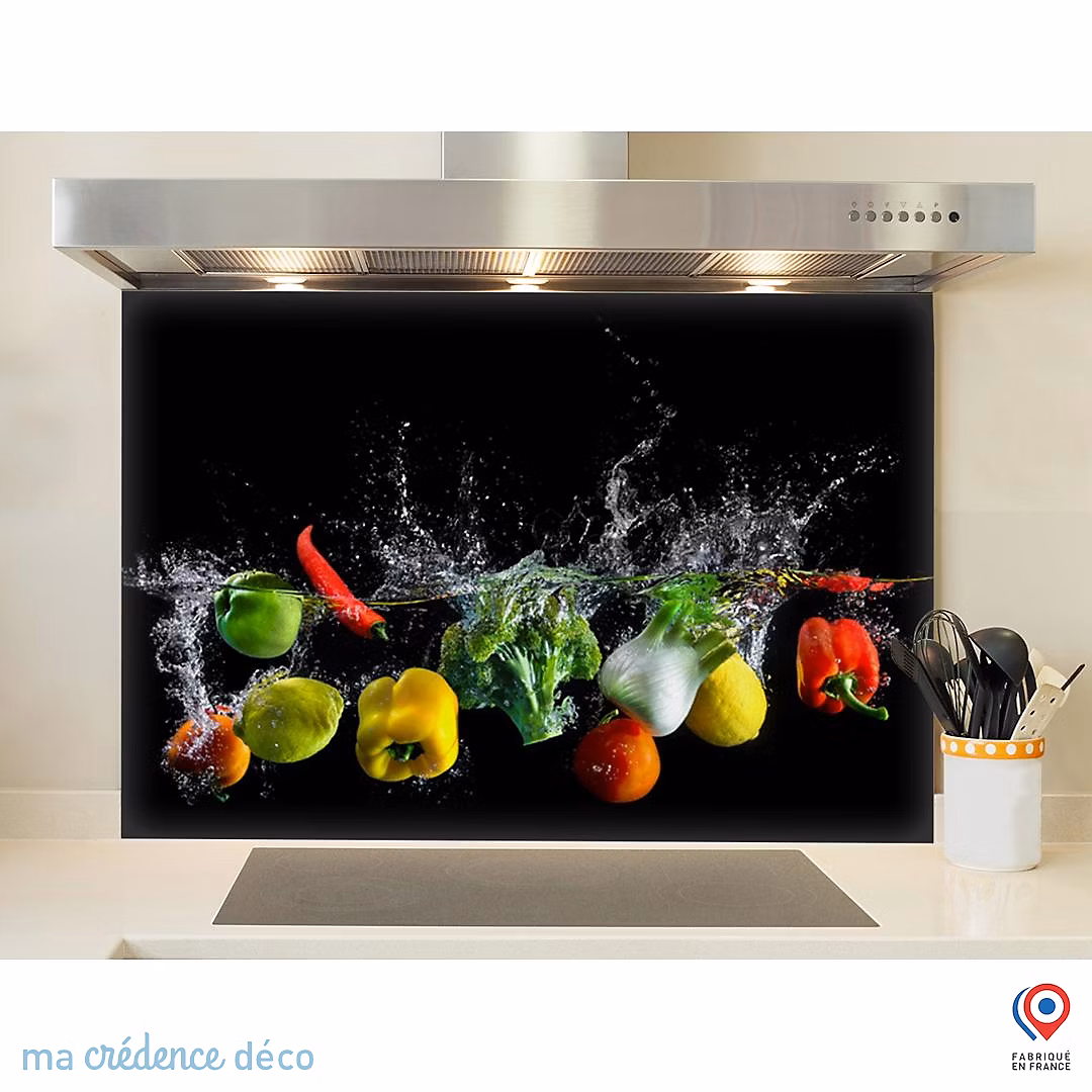 Crédence cuisine fond de hotte Bain de légumes – Verre trempé | L 90 cm x H 70 cm | MaCrédenceDéco