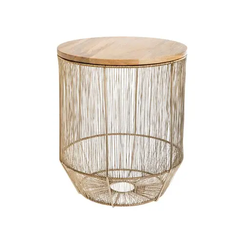 Corbeille filaire en métal doré avec plateau amovible en bois de manguier - Ø 29 x H 34 cm