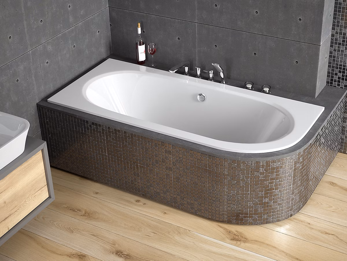 Baignoire asymétrique 180 x 80 Gauche AVITA SLIM acrylique blanc + Habillage en polystyrène + Pieds + Vidage à chromé | Baignoire