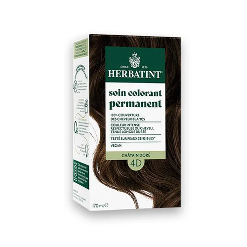 Coloration permanente pour cheveux châtain doré 4D aux extraits végétaux biologiques vegan Herbatint - 170 ml