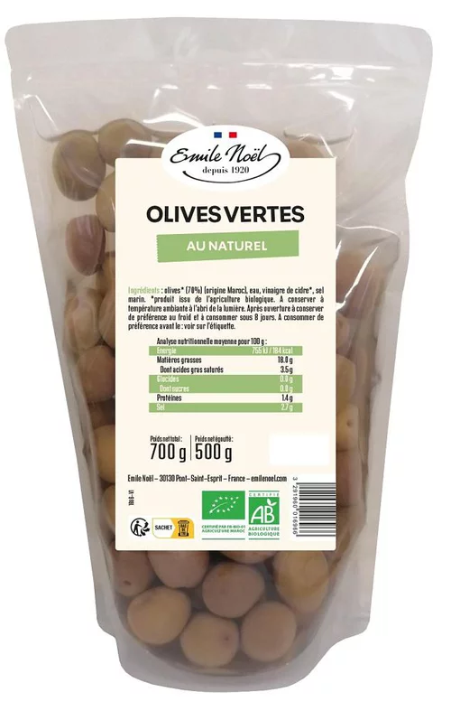 Olives vertes au naturel bio Emile Noel - 500 g