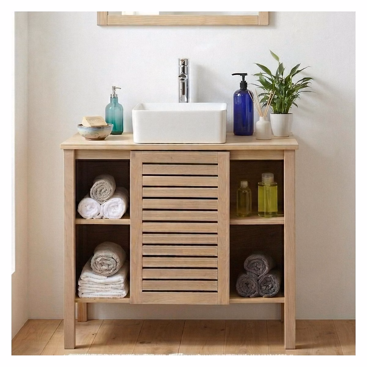 Ensemble simple vasque TALIX 90cm chêne avec vasque céramique carrée – Réf. XMRNMOVLR1234268215