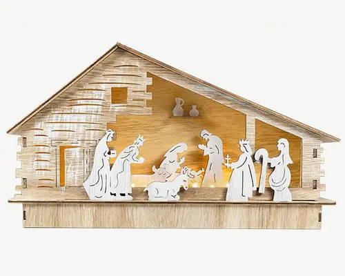 Scénette crèche en bois naturel avec personnages blanc à 5 LED blanc chaud sur piles - 30 x 7 x 17,5 cm