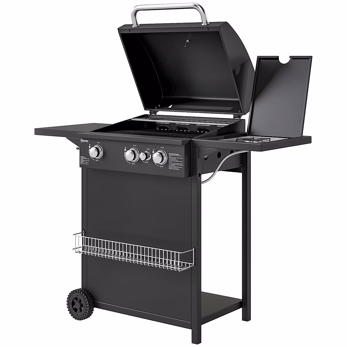 Barbecue gaz 3+1 brûleurs avec couvercle 2 roues – 9, 5 kW, 2 grilles chromées, étagères latérales, thermomètre, noir