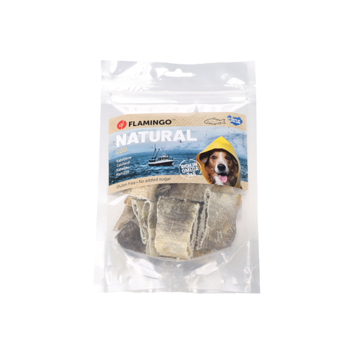 FRIANDISES NATURELLES POUR CHIEN FLAMINGO® - PEAU DE CABILLAUD COURTE - 60G