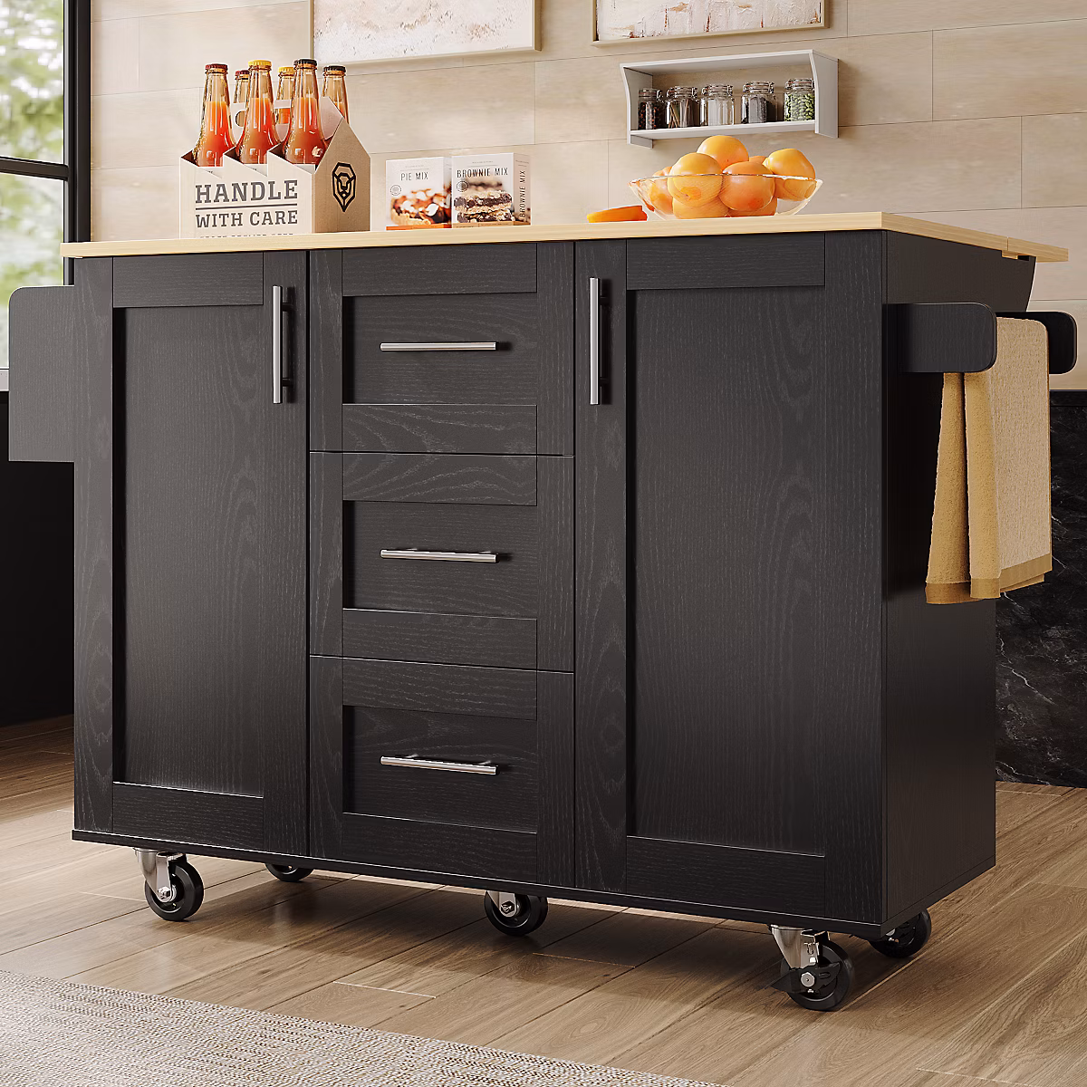 Îlot de Cuisine Mobile – desserte avec Plan de Travail et Séparateurs Amovibles | MDF + Métal | Noir | 135x46x86 | 9 cm