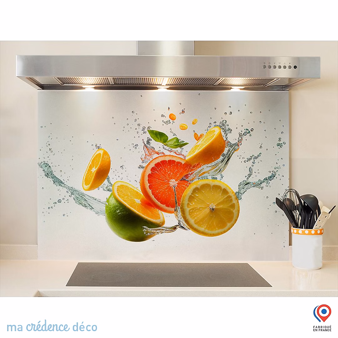 Crédence cuisine fond de hotte Splash – Oranges et citrons, Verre trempé, L 90 cm x H 50 cm, MaCrédenceDéco