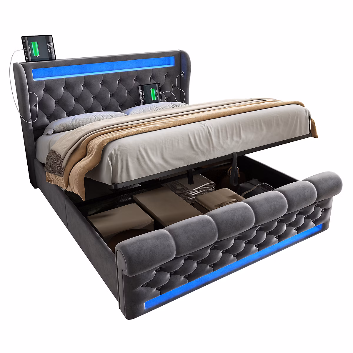 Canape lit 140 × 200 cm coffre hydraulique avec LED integrees et station USB Type C revetement velours gris