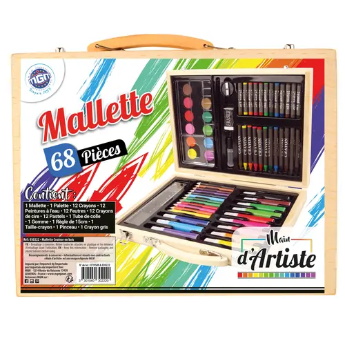 Malette en bois de dessin et peinture Main d’artiste - les 68 pièces