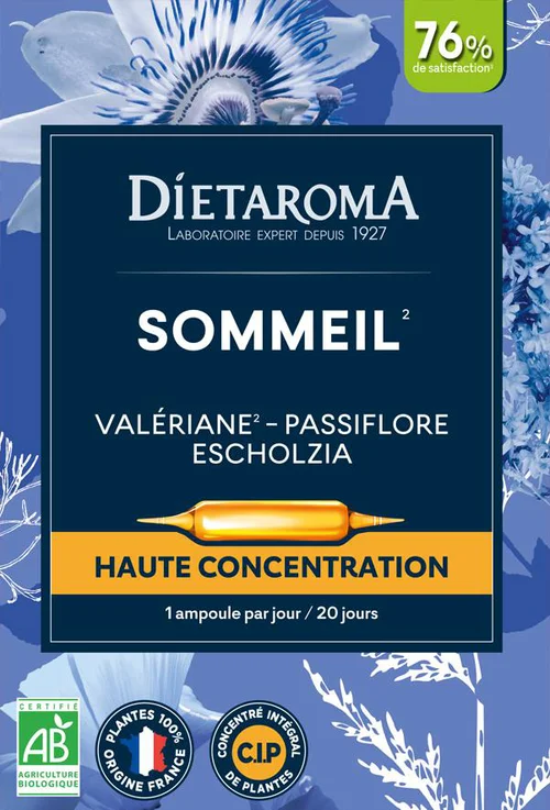 Complément alimentaire valériane, passiflore, escholtzia CIP bio Dietaroma sommeil - 20 ampoules x 10 ml