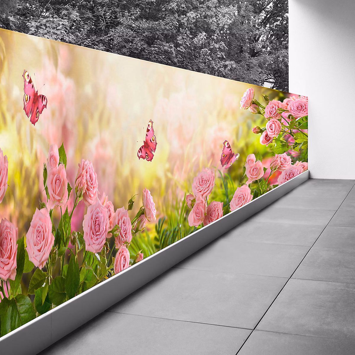 Brise vue Trompe l'oeil – 110 × 330 cm, Fleurs papillons 3617689695709