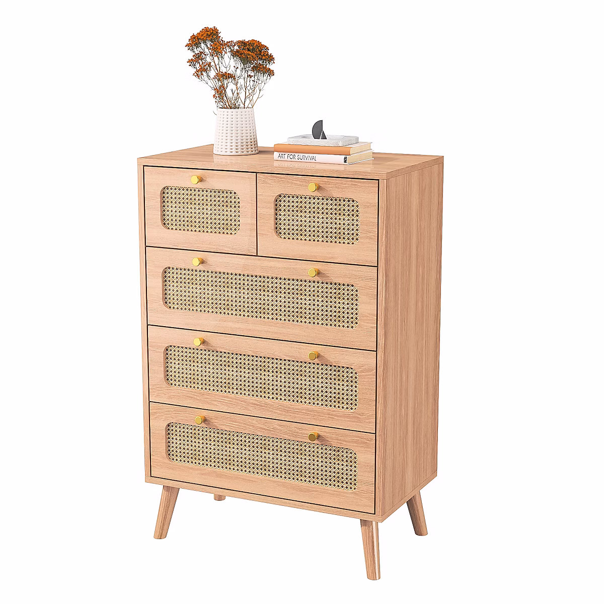 Commode Moderne En Bois Et Rotin Avec 5 Tiroirs – Meuble De Rangement Multifonctionnel Pour Chambre