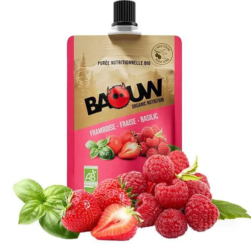 Purée framboise fraise basilic bio Baouw - Gourde de 90 grammes