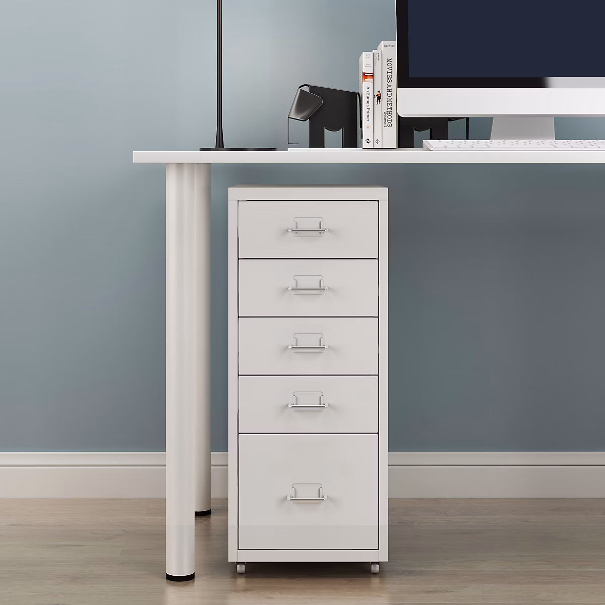 Caisson de bureau Kökar à roulettes avec 5 tiroirs 69 × 28 × 41 cm blanc en.casa