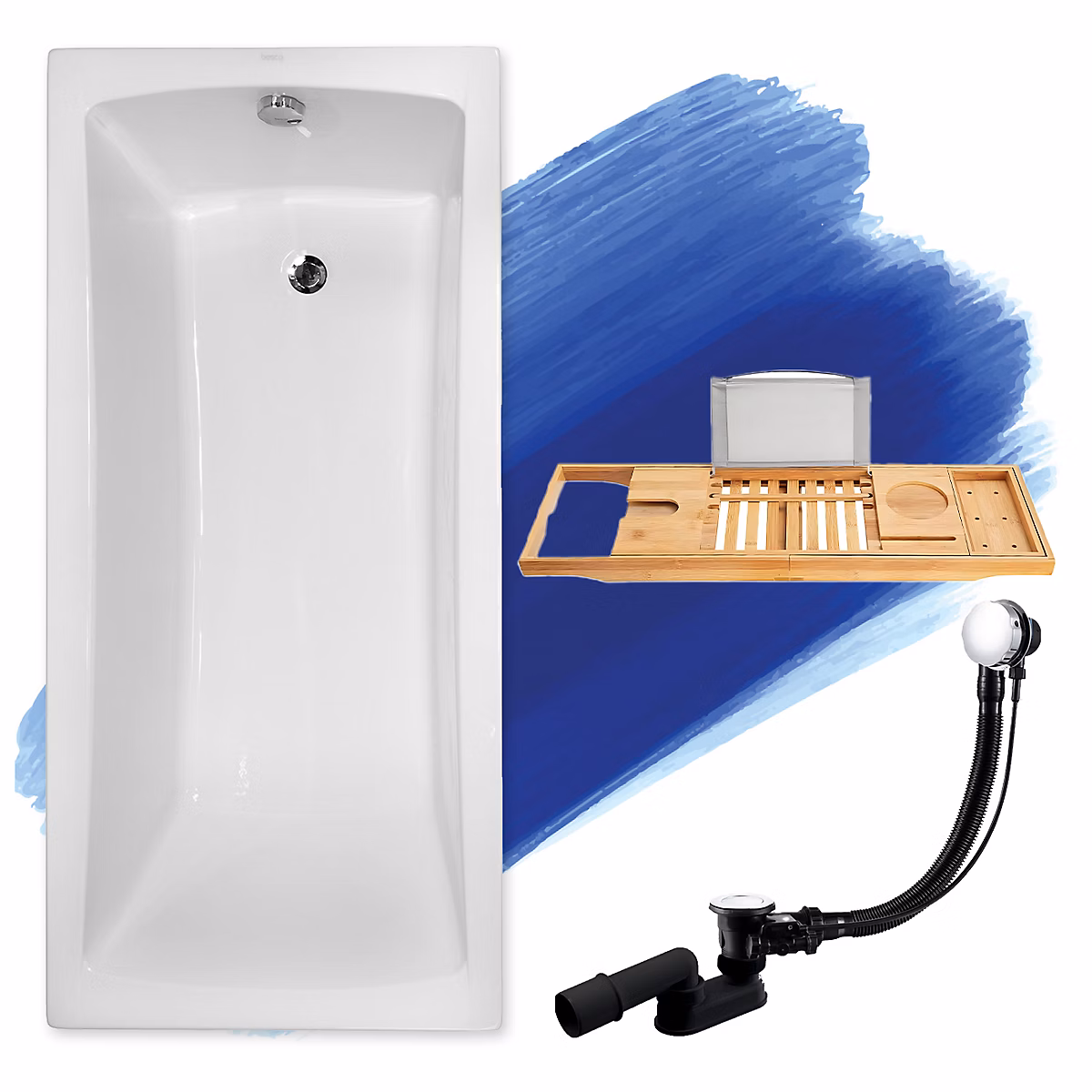 Baignoire rectangulaire 140 x 70 OPTIMA acrylique blanc – sans Habillage + Étagère bambou + Pieds + Vidage à chromé
