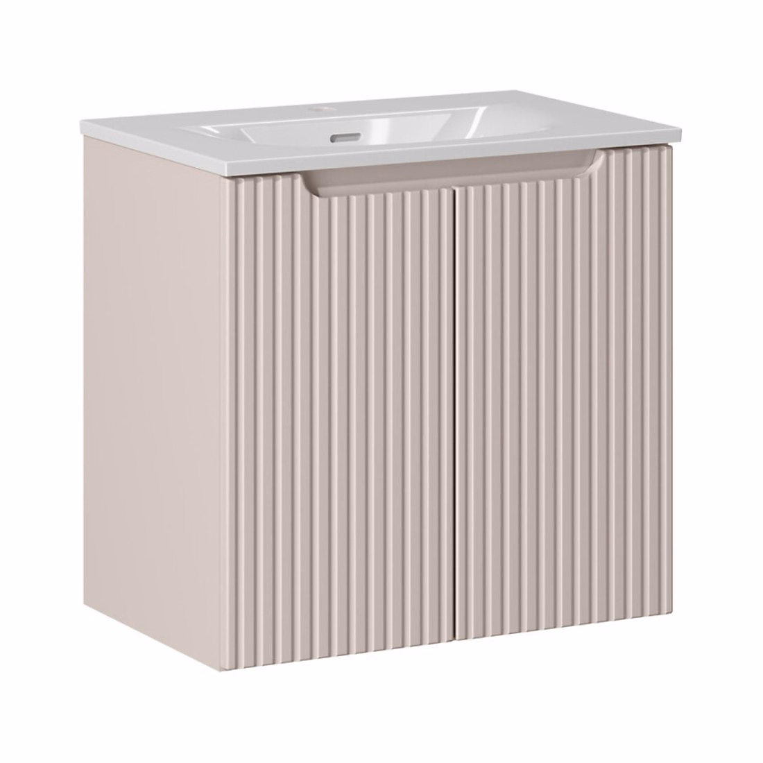 Meuble vasque – Ensemble de salle de bain VANO cachemire et blanc 60cm : meuble sous vasque à placards rainuré verticalement et vasque encastrée