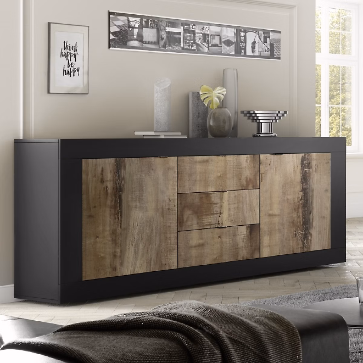 Buffet bas 2 portes – 3 tiroirs noir et bois 210cm CALIA