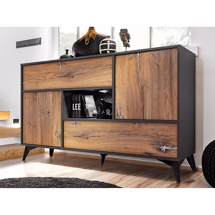 Buffet avec 4 portes Orvieto Komodee – LEDs blanches, Chene Bijoux & Anthracite, Facades en Mat, 150 × 89 × 40 cm