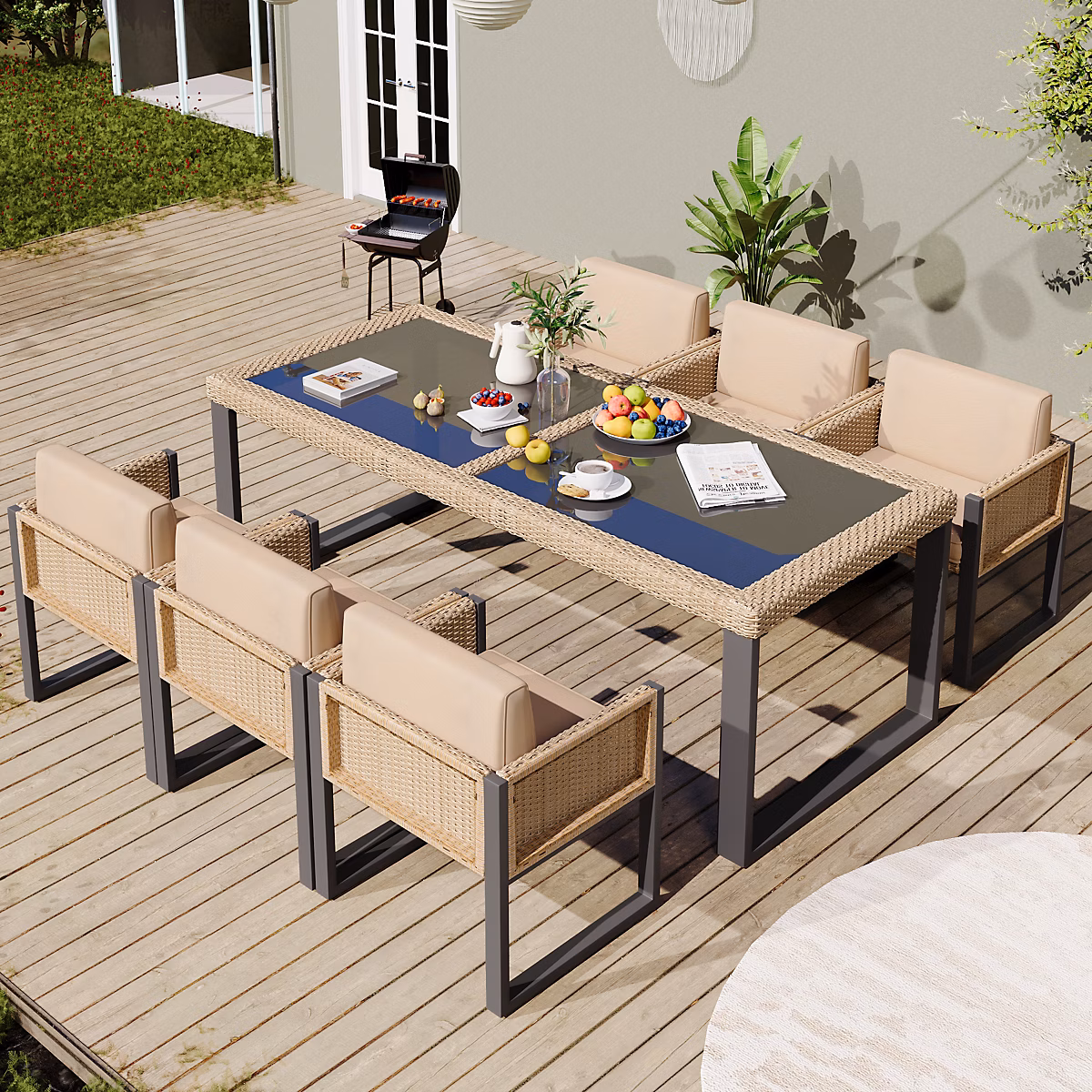 Ensemble salle à manger de jardin 6 places – 6 fauteuils et table, fer galvanisé, tissu amovible et lavable, beige