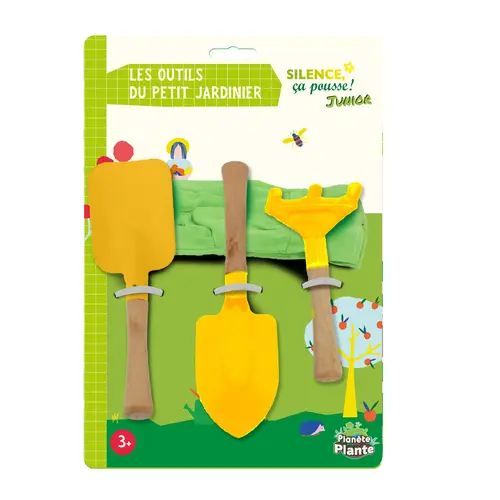 Ensemble de gants et 3 outils de jardinage pour enfant en métal jaune avec manche en bois Planète Plante - les 4 pièces