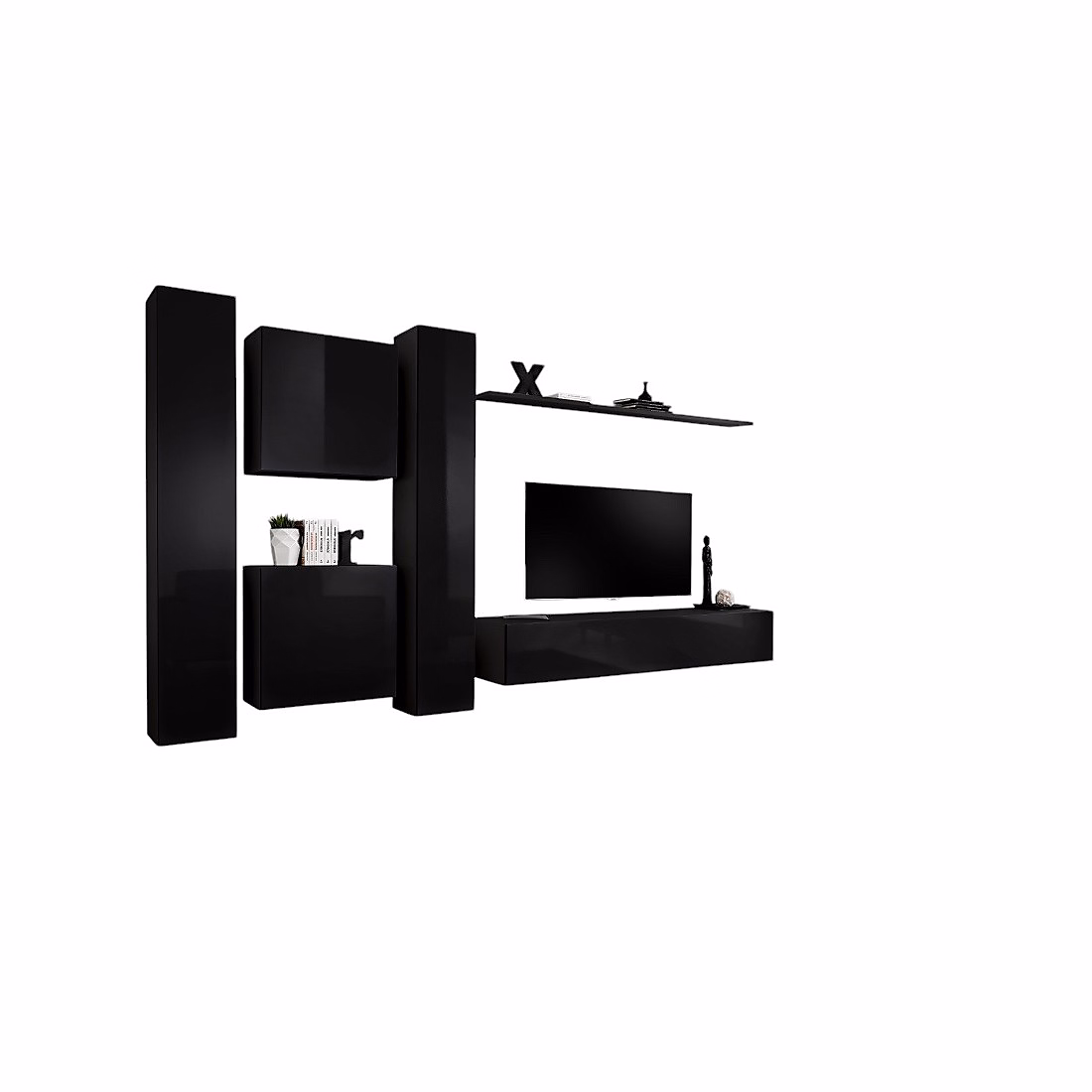 Composition murale SWITCH VI Meuble TV – colonnes et cubes suspendus Noir brillant Design moderne