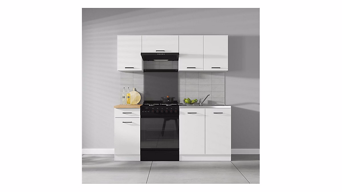 Cuisine complète 180 cm – Ensemble de meuble de cuisine finition Blanc laquée craie, sans plan de travail