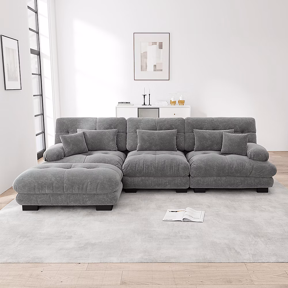 Canapé d'angle modulaire – lit profond avec pouf, velours côtelé, chenille gris