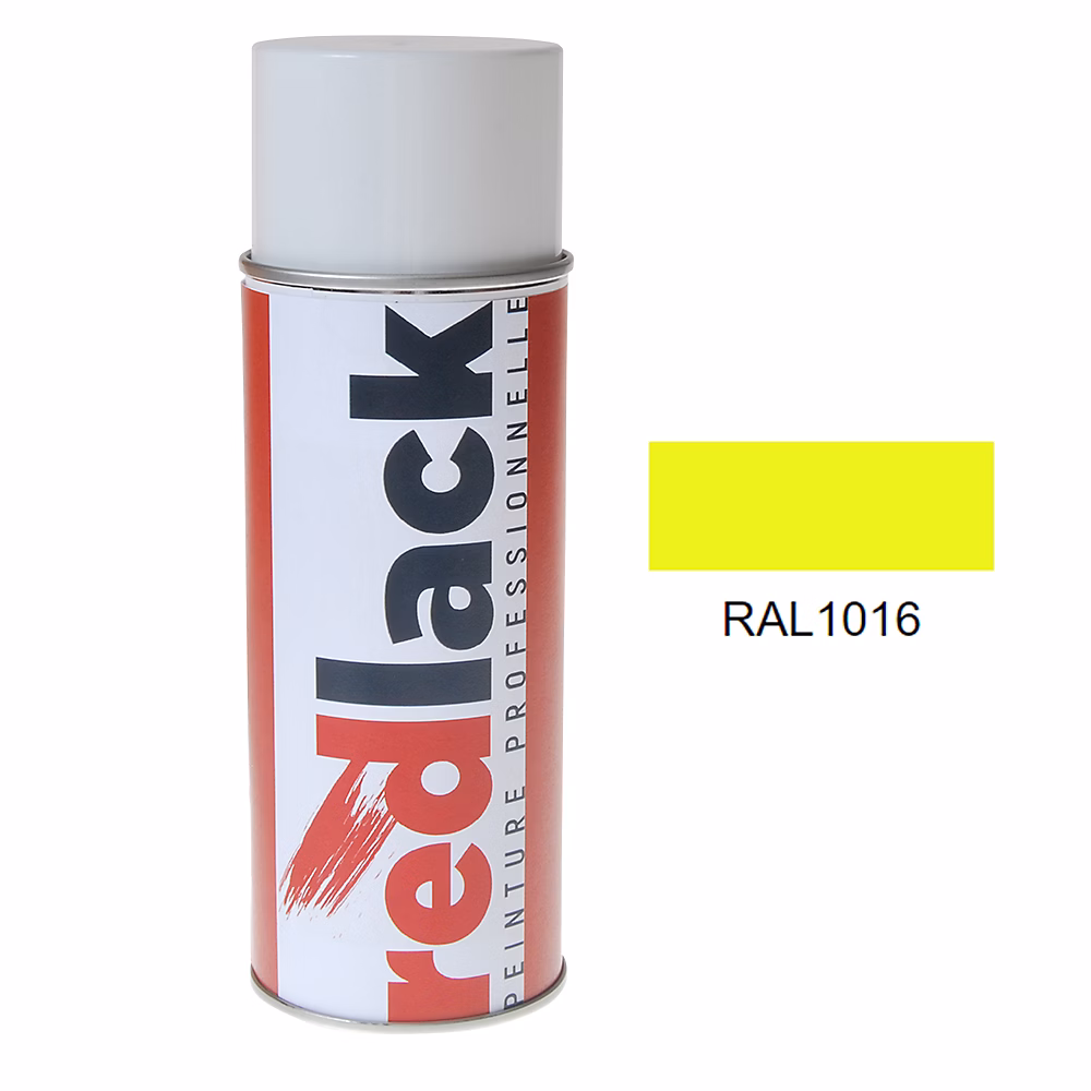 Bombe de peinture Aérosol – spray, 400ml, RAL 1016 Jaune soufre, Mat, multisupport, Redlack, RAL1016