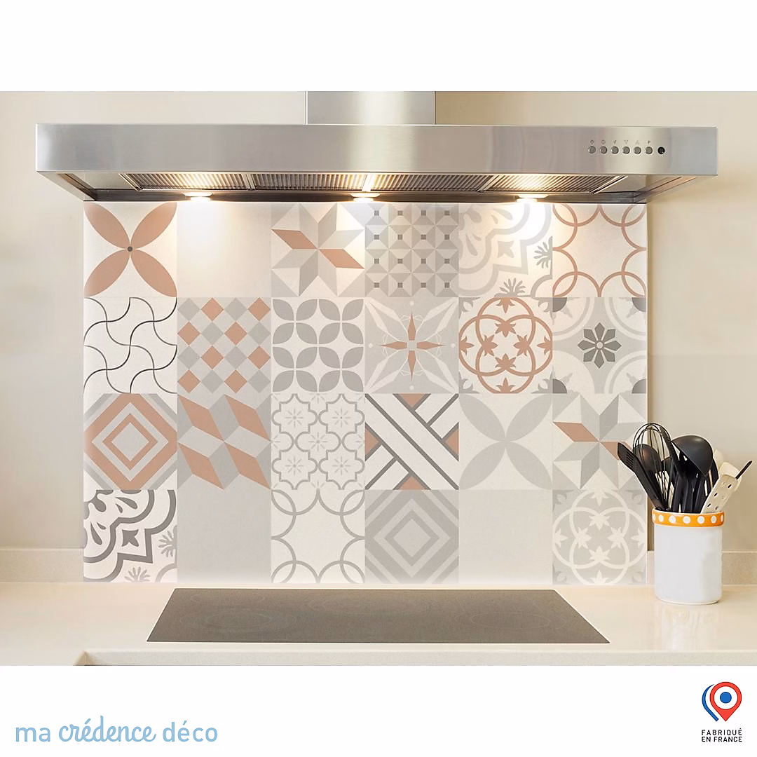 Crédence cuisine fond de hotte Carreaux ciment rouge – Verre trempé, L 90 cm x H 50 cm, MaCrédenceDéco