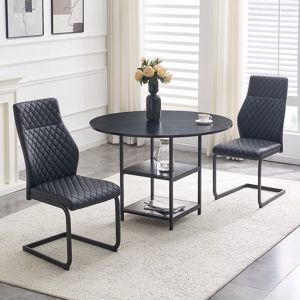 Ensemble repas rond 107 cm noir en MDF et métal avec 2 chaises en similicuir – Réf. OJVLVKPDE5099450544