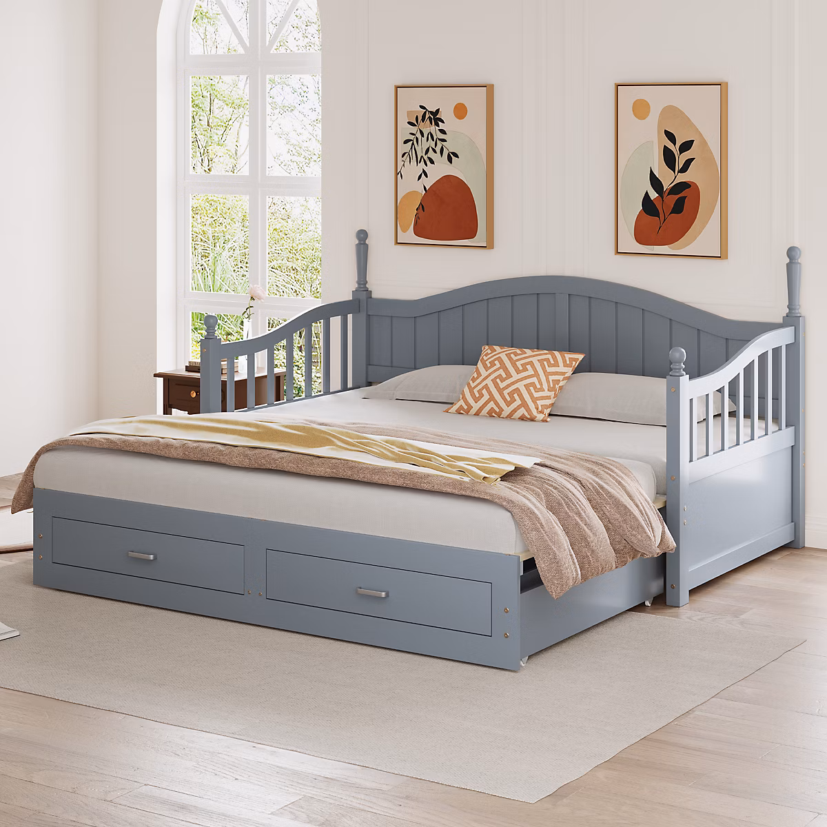 Canapé – lit extensible en pin massif 90/180 × 190 cm gris, avec colonnes romaines, dossier et accoudoirs courbés, tiroirs