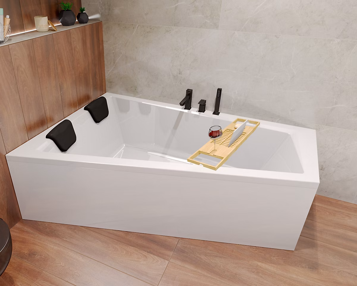 Baignoire asymétrique 180x125 Gauche INTIMA acrylique blanc – sans Habillage + Repose Tête + Étagère bambou +Pieds +Vidage à chromé