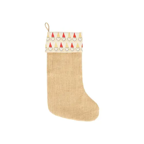 Chaussette de Noël à suspendre en jute décor gnomes rouge et blanc - 20 x 52 cm