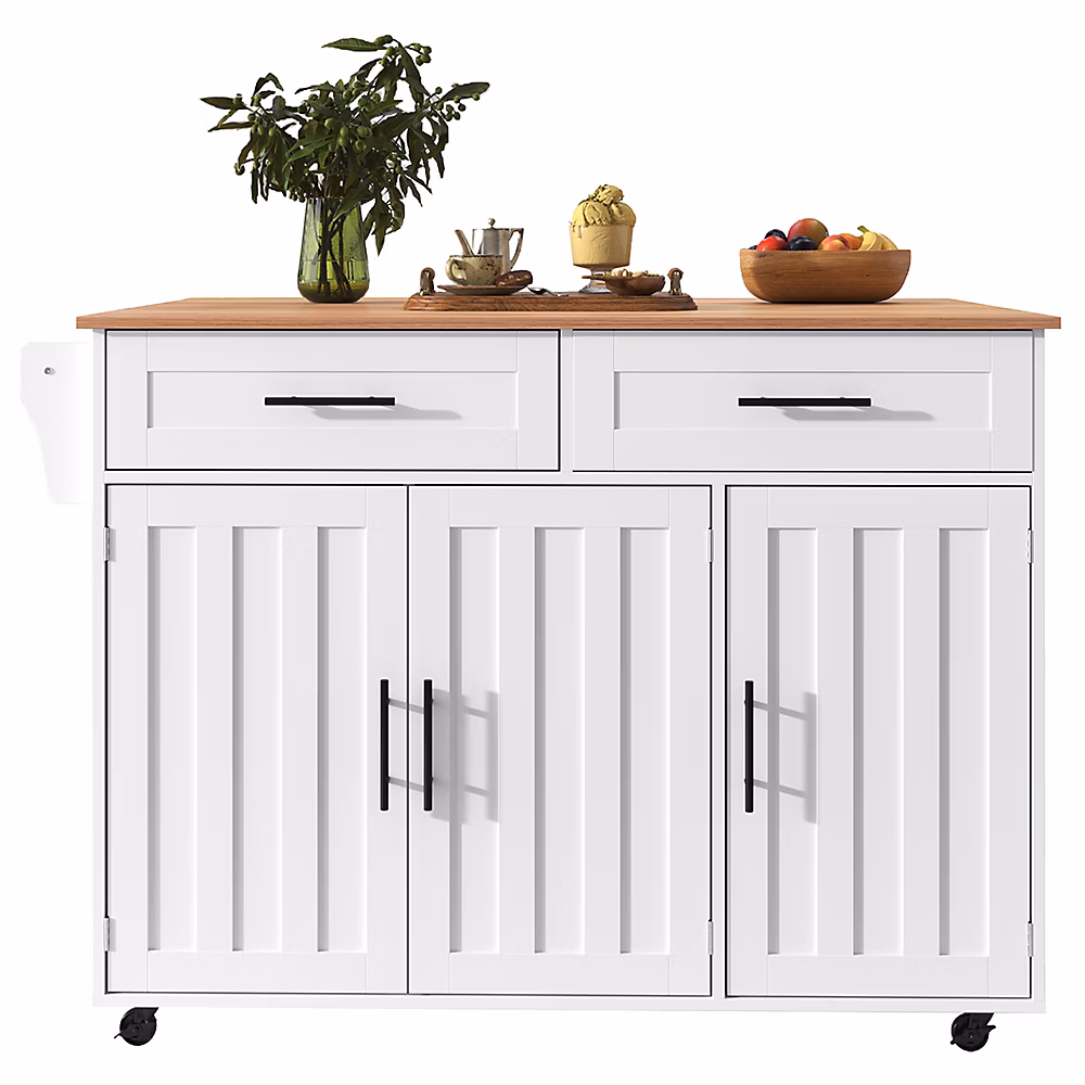 Buffet 129x46x91.5 cm | plateau rabattable – 2 tiroirs – 5 roulettes – blanc