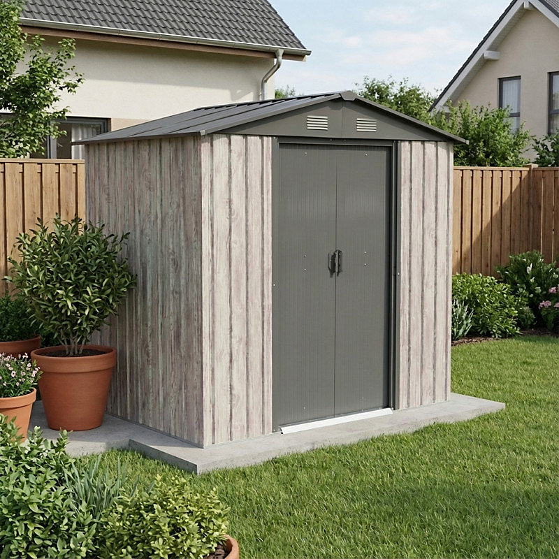 Abri de jardin métal 2 – 54m² WoodTouch beige avec double porte et kit d'ancrage, X-Metal
