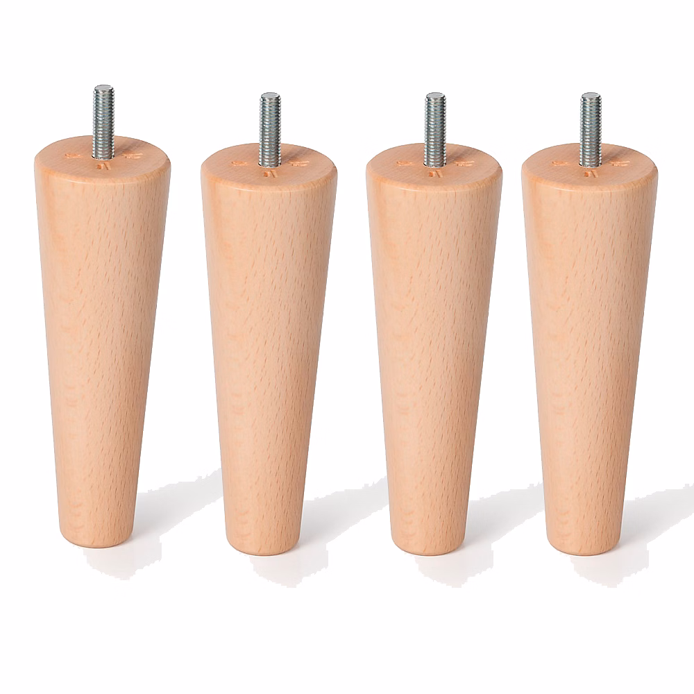 Quincaillerie de meuble – 4un. Pied de meuble nordique pied conique en bois de hêtre laqué vernis mat naturel. Hauteur 150mm