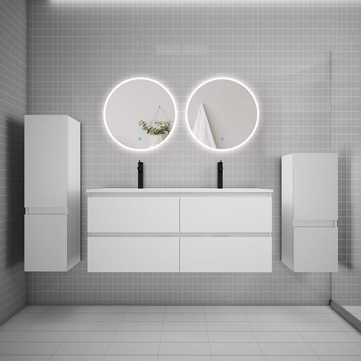 Ensemble meuble double vasque L.120cm 4 tiroirs + lavabo + 2 LED miroirs rond 60cm + 2 colonne – blanc