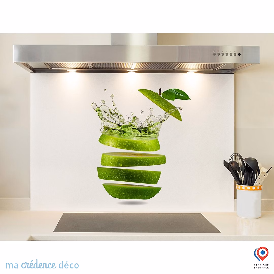 Crédence cuisine fond de hotte Pomme découpée – Verre trempé, L 70 cm x H 60 cm, MaCrédenceDéco