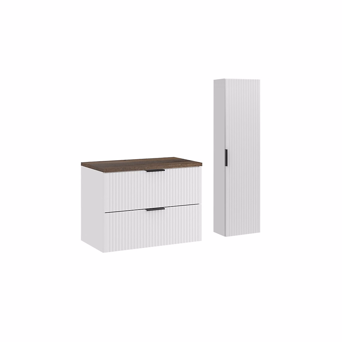 Ensemble meuble de salle de bains – Ensemble de salle de bain NOXERA 80 cm Meuble sous vasque suspendu blanc avec plan pour vasque effet bois épicéa et colonne