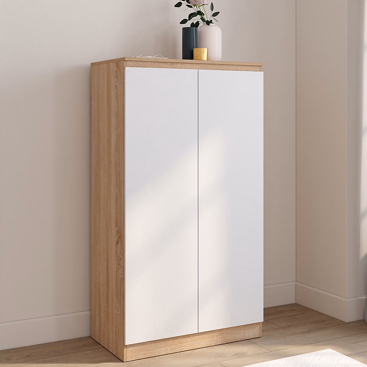 Armoire à chaussures 18 paires TOMI imitation hêtre 2 portes blanches – Réf. SLKWGIGHM1740115777